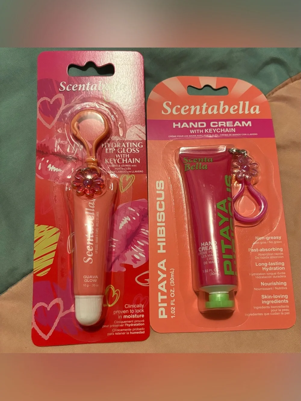 Abella Pink Pitaya Hibiscus Hand Cream & Guava Glow Lip Gloss Set with Keychains